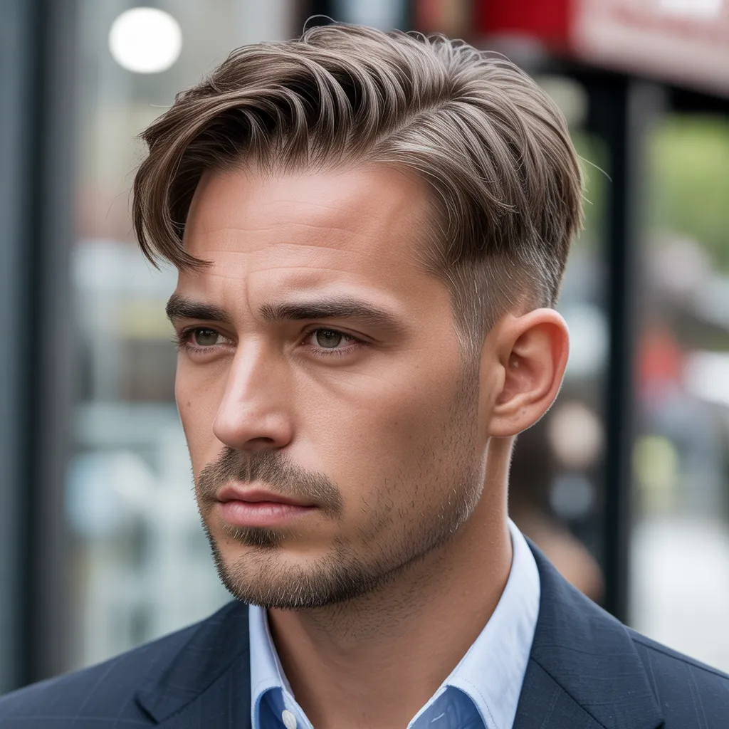 Cortes de cabello para hombres con entradas con peinado hacia adelante, estilo texturizado que aporta densidad visual en la zona frontal 4