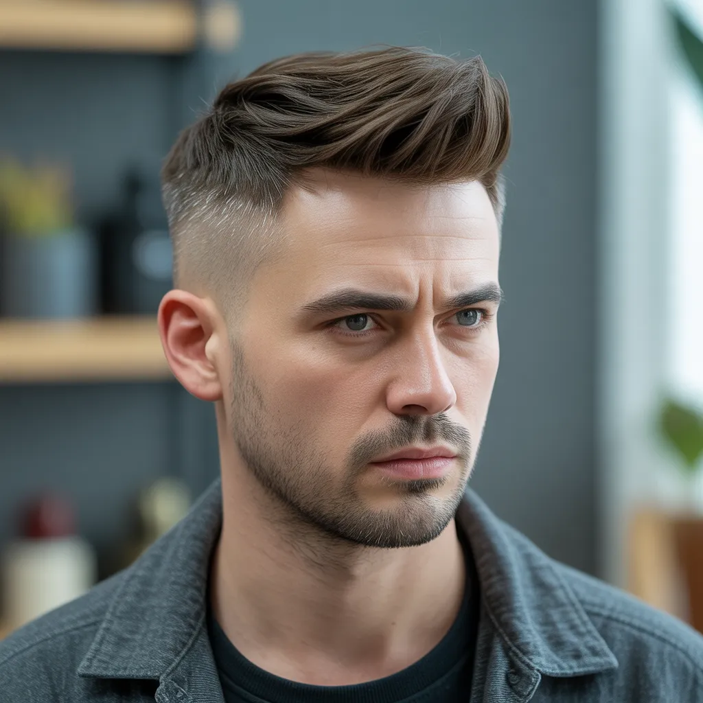 Cortes de cabello para hombres con entradas con peinado hacia adelante, estilo texturizado que aporta densidad visual en la zona frontal