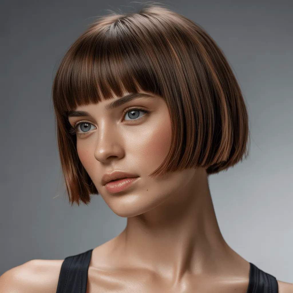 Corte de pelo corto atrevido y juvenil con flequillo recto, perfectamente peinado para lograr un look moderno, chic y sofisticado. La atención se centra en el contraste dramático entre el flequillo y la textura suave.