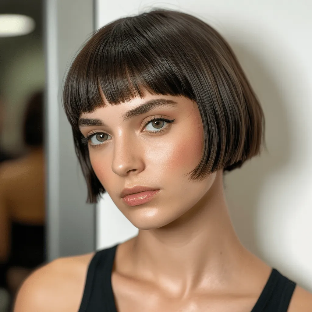 Estilo de corte corto con flequillo recto y definido, resaltando el rostro y la mirada, con una textura lisa y chic.