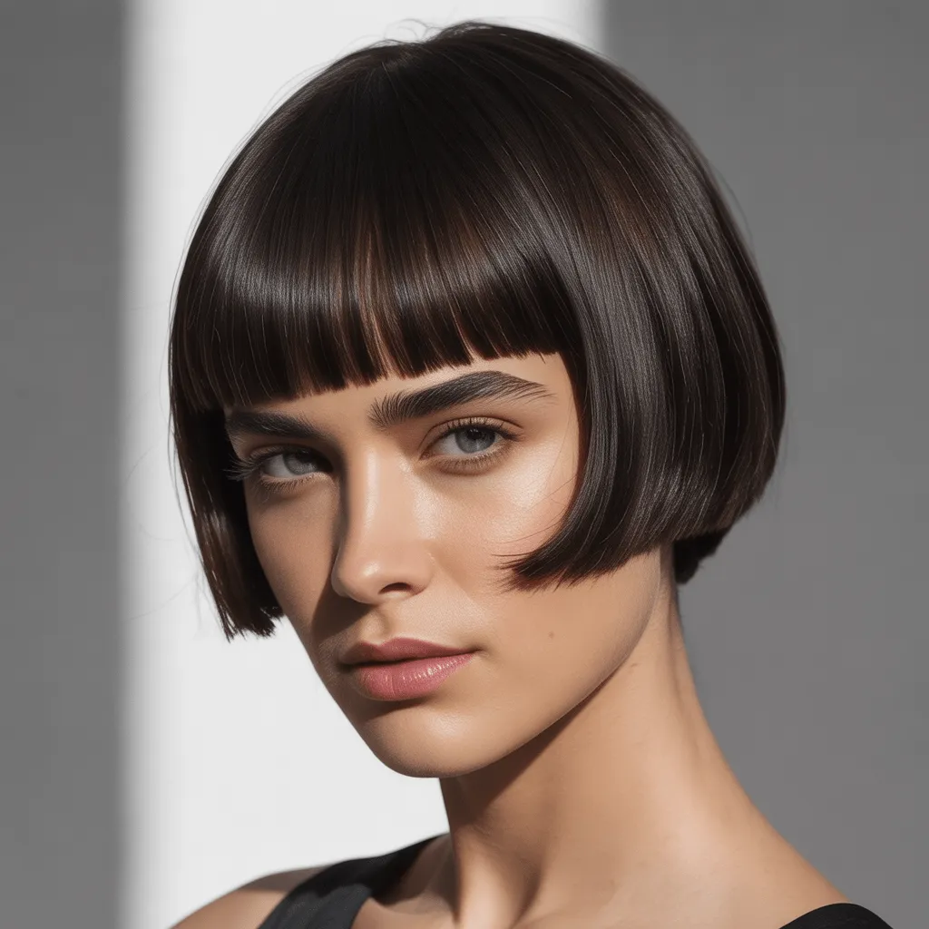 Mujer con un atrevido corte de pelo corto con flequillo recto y uniforme, que luce una textura lisa y brillante y un aspecto juvenil y sofisticado.