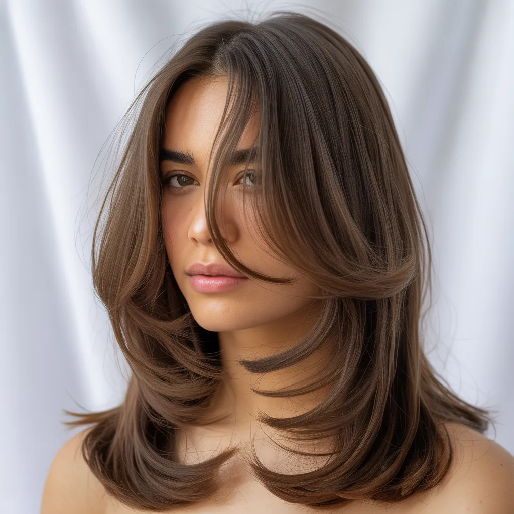 Mujer con flequillo cortina 2026, cabello largo natural, estilo versátil Pinterest España 2