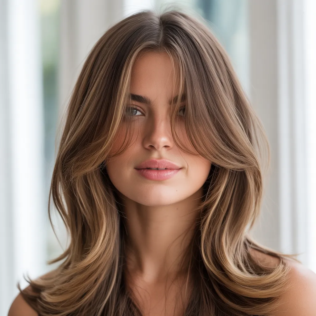 Mujer con flequillo cortina 2026, cabello largo natural, estilo versátil Pinterest España 3