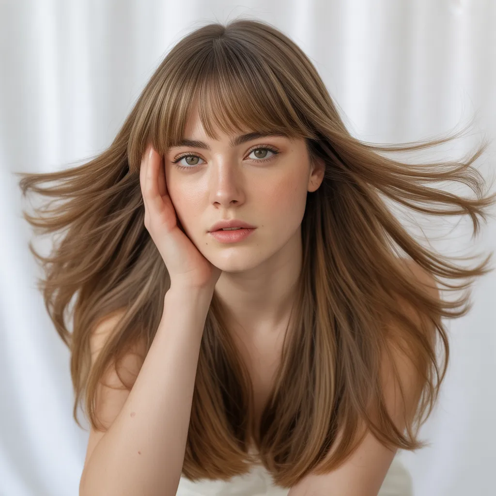 Mujer con flequillo cortina 2026, cabello largo natural, estilo versátil Pinterest España 4, Cortes de cabello tendencia 2026