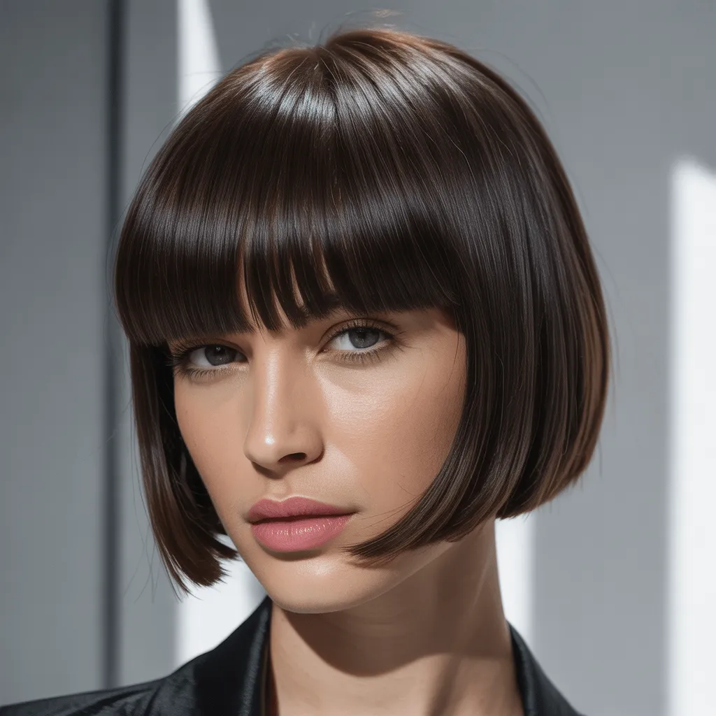 Primer plano de una mujer con flequillo recto y uniforme y un corte de pelo corto y liso, que crea un estilo moderno y marcado que resalta sus rasgos faciales.