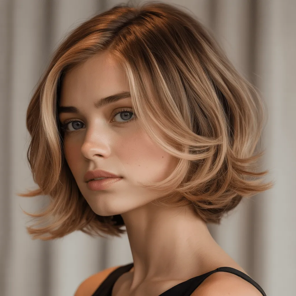 Layered bob sofisticado con capas que crean volumen, ondas ligeras y look natural.