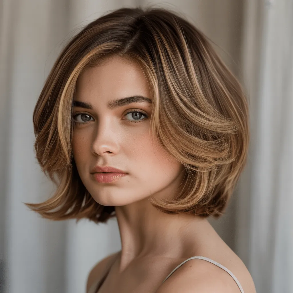 Modelo con layered bob en capas suaves, ondas naturales y fondo neutro que destaca la textura.