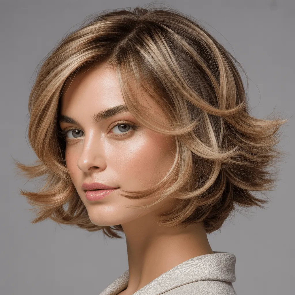 Modelo con layered bob en capas suaves, ondas naturales y fondo neutro que destaca la textura.