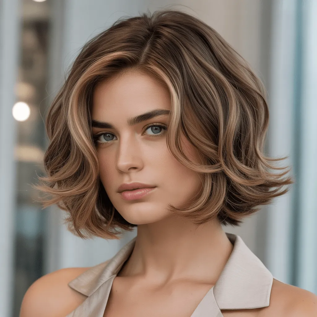 Mujer con corte Layered Bob mostrando capas suaves y volumen natural con ligeras ondas.