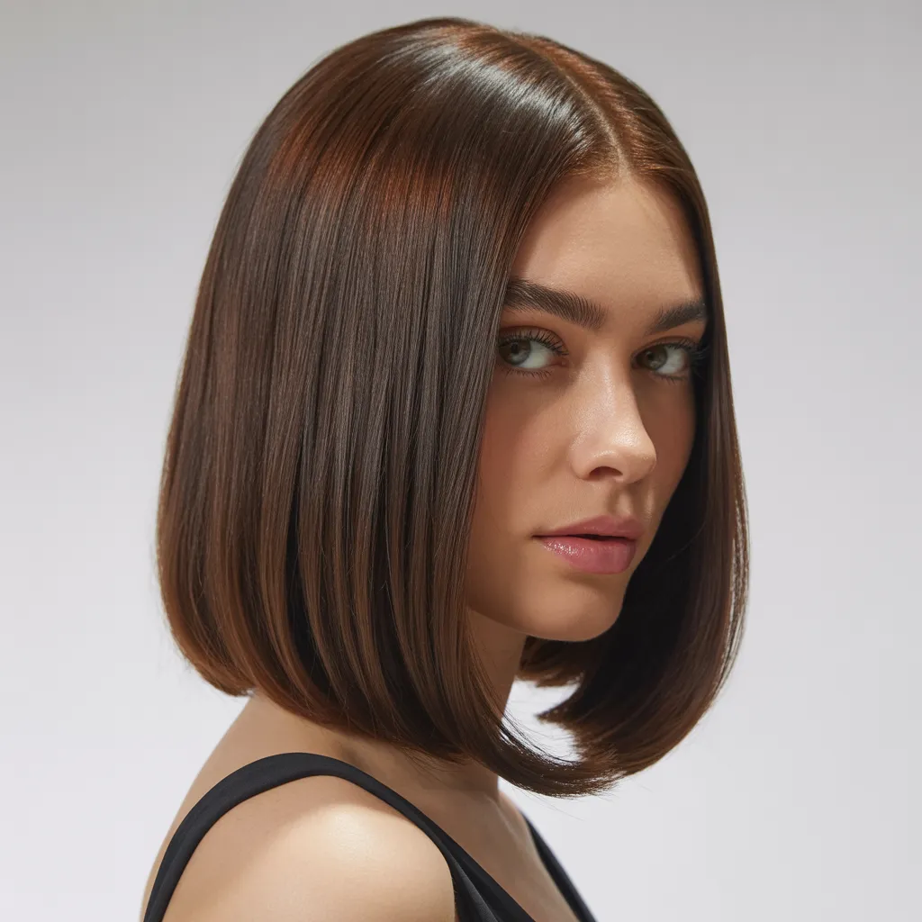 Mujer con long bob recto 2026, cabello brillante y pulido, estilo tendencia Pinterest España 2