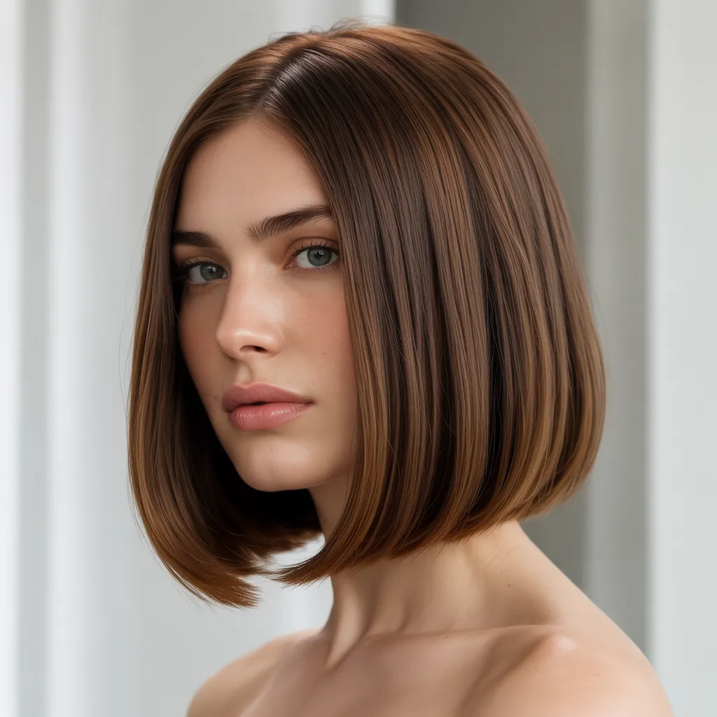 Mujer con long bob recto 2026, cabello brillante y pulido, estilo tendencia Pinterest España 3