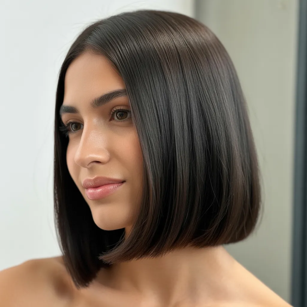 Mujer con long bob recto 2026, cabello brillante y pulido, estilo tendencia Pinterest España 4, Cortes de cabello tendencia 2026