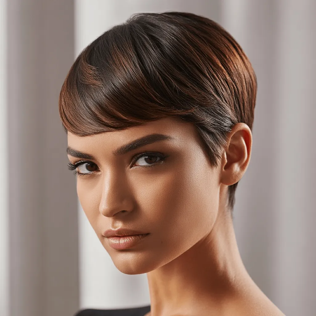 Primer plano de una mujer con un corte pixie, que destaca las líneas limpias y la textura suave, resaltando los rasgos juveniles y la sofisticación.