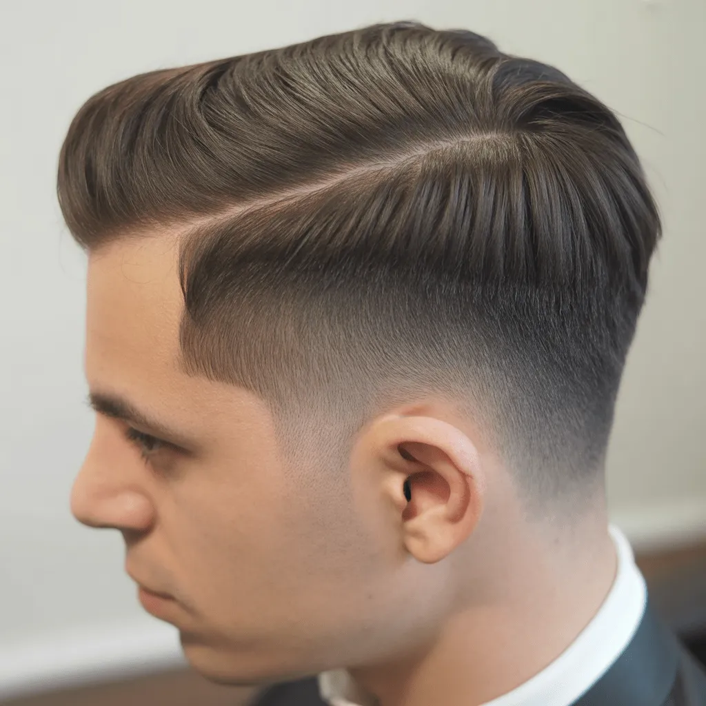 Corte de cabello con parte lateral y lados desvanecidos, un estilo práctico y profesional que complementa los rasgos faciales de oficiales de policía de Maharashtra.