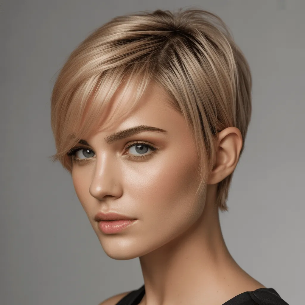 Estilo de corte de pelo corto con flequillo lateral y textura lisa, resaltando la feminidad y elegancia del peinado.