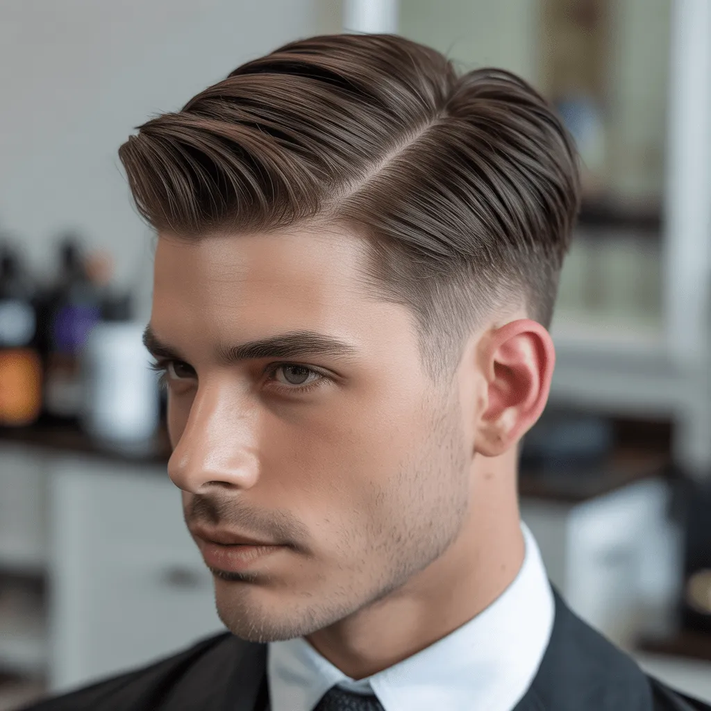 Corte de cabello Ivy League, con una raya lateral y lados recortados, en un oficial de policía de Tamil Nadu, ofreciendo un estilo profesional y pulido para cualquier ocasión.