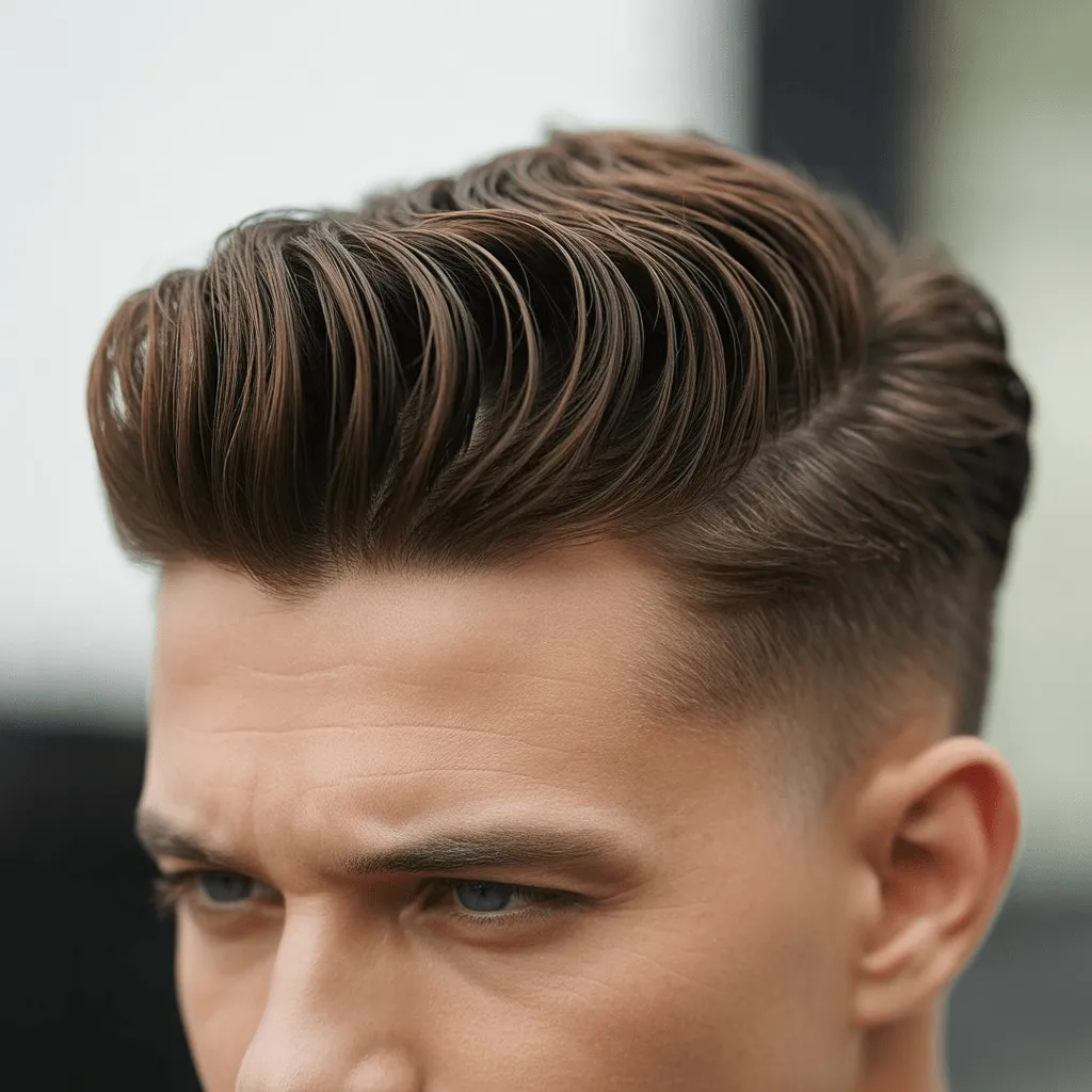 Pompadour corto con acabado limpio y los lados recortados para una apariencia profesional en un oficial de policía de Kerala.