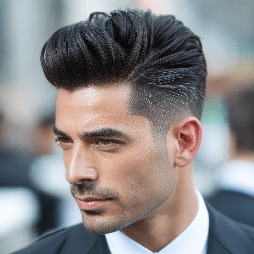 El corte Pompadour corto con la parte superior voluminosa y los lados recortados en un oficial de policía de Kerala, para una apariencia elegante y profesional.