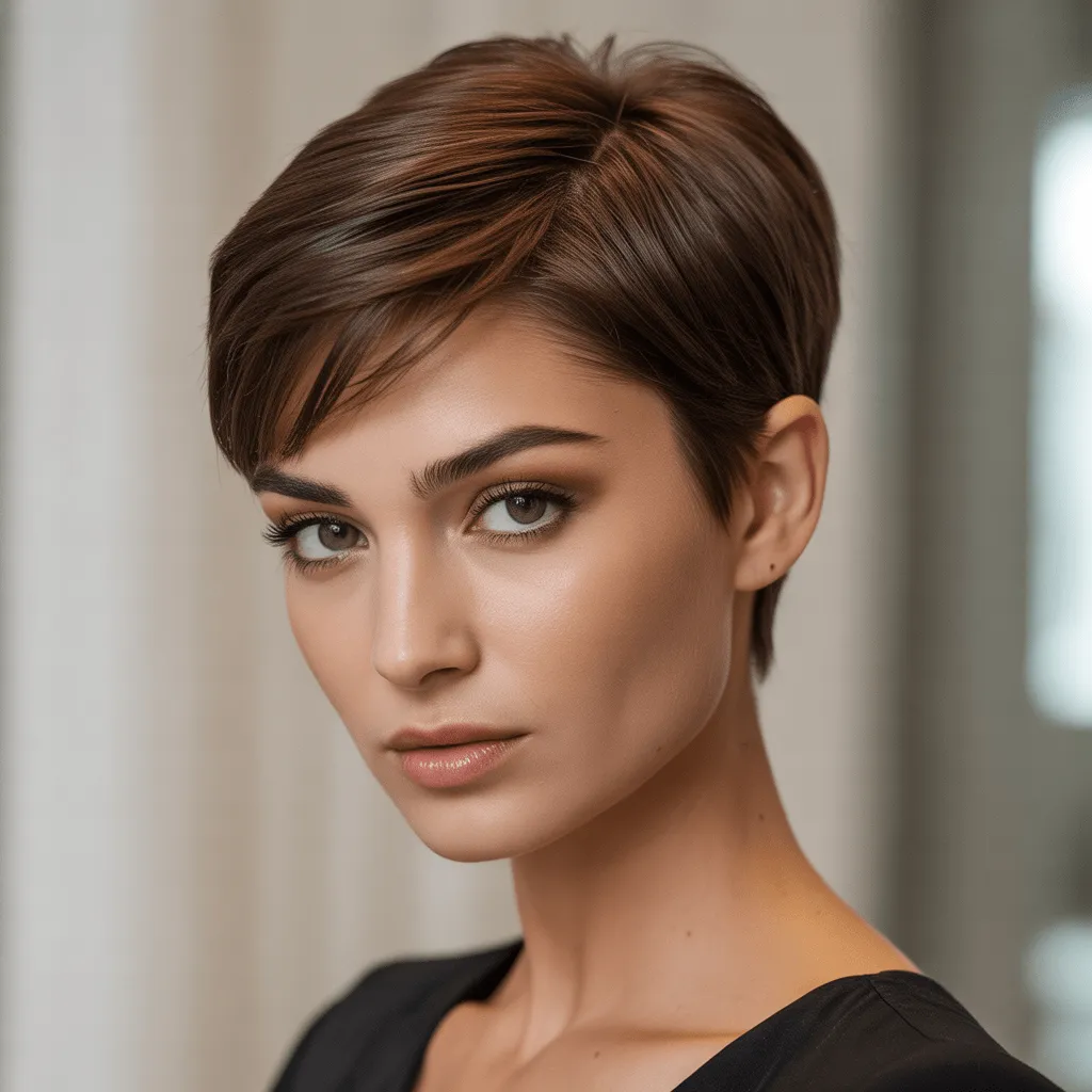 Hairstyle pixie audaz con highlights sutiles, volumen y facciones destacadas en mujer confiada.