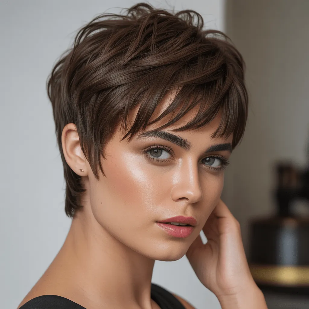 Corte pixie con bangs suaves, estilo bold y natural que enfoca detalles del peinado sobre fondo simple. Pixie con Flequillo