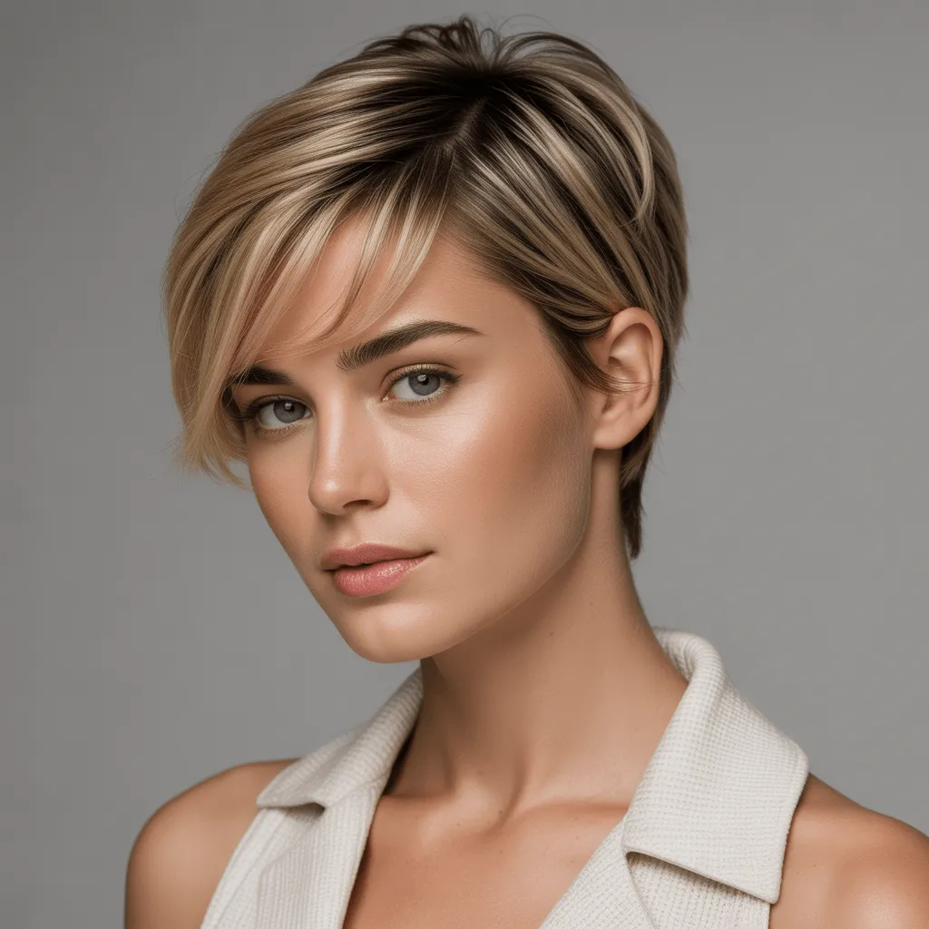 Primer plano de una mujer con corte pixie y flequillo texturizado, resaltando su rostro con un toque fresco y juvenil.