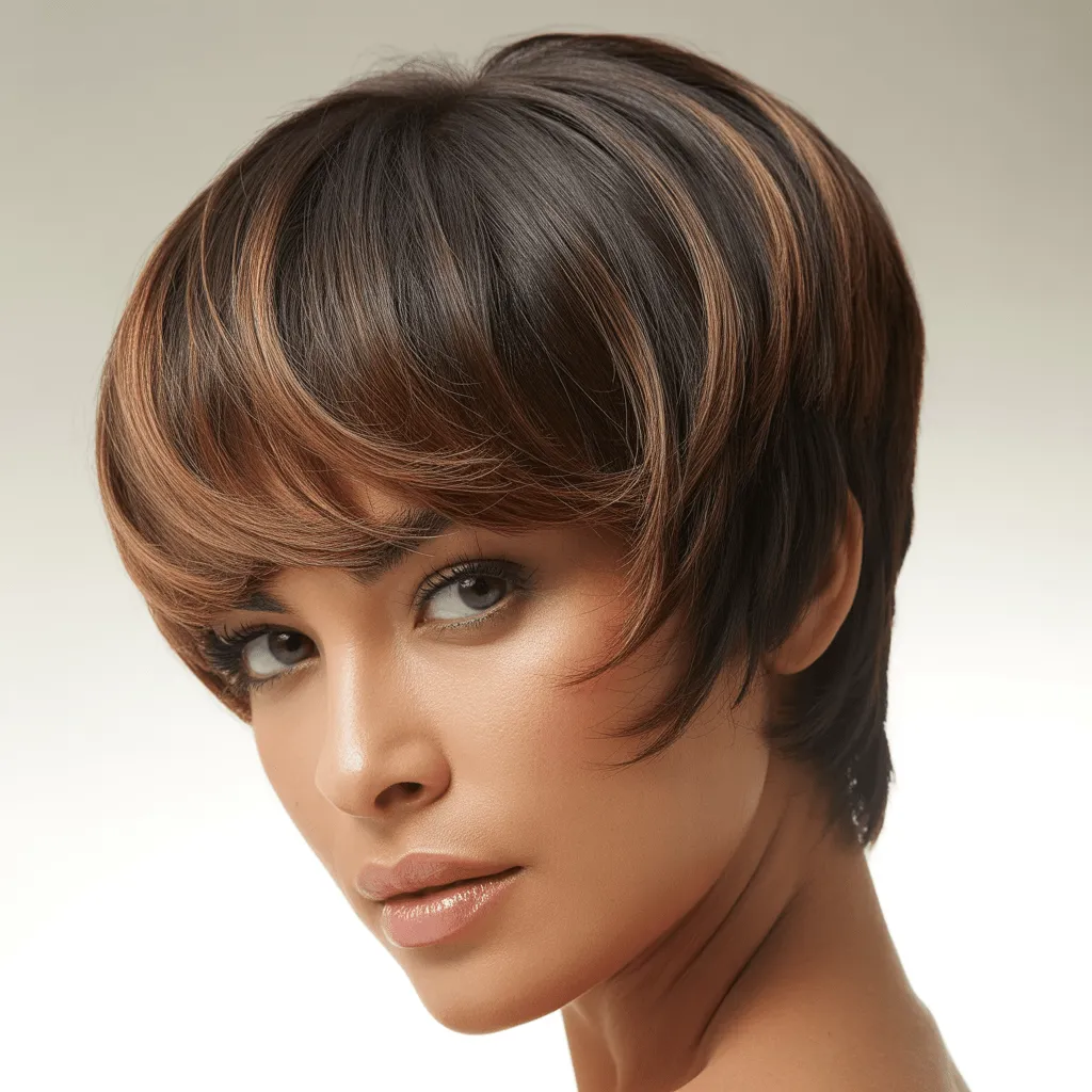 Mujer con un elegante corte pixie, que luce un cabello liso y voluminoso con sutiles reflejos, que irradia elegancia moderna.
