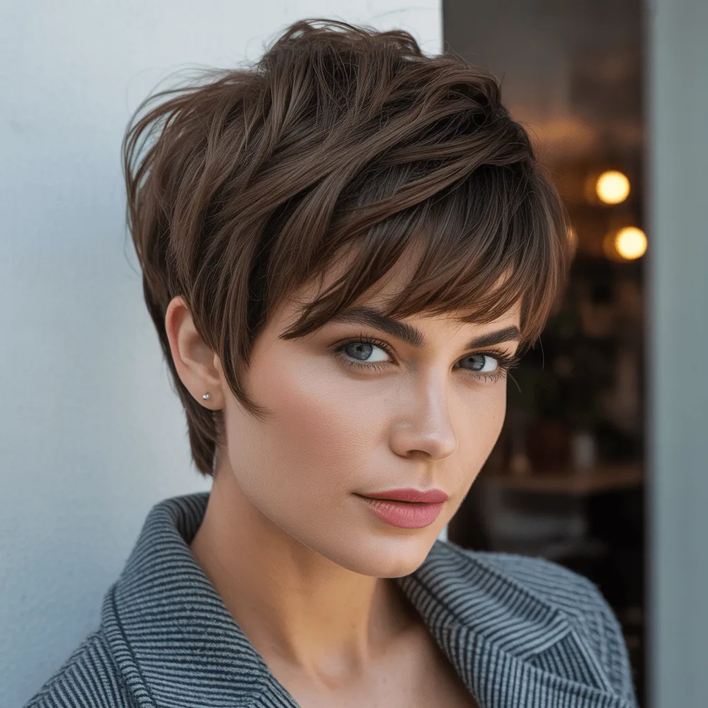Pixie cut con flequillo lateral suave y texturizado, look audaz que resalta rasgos faciales en pose confiada.