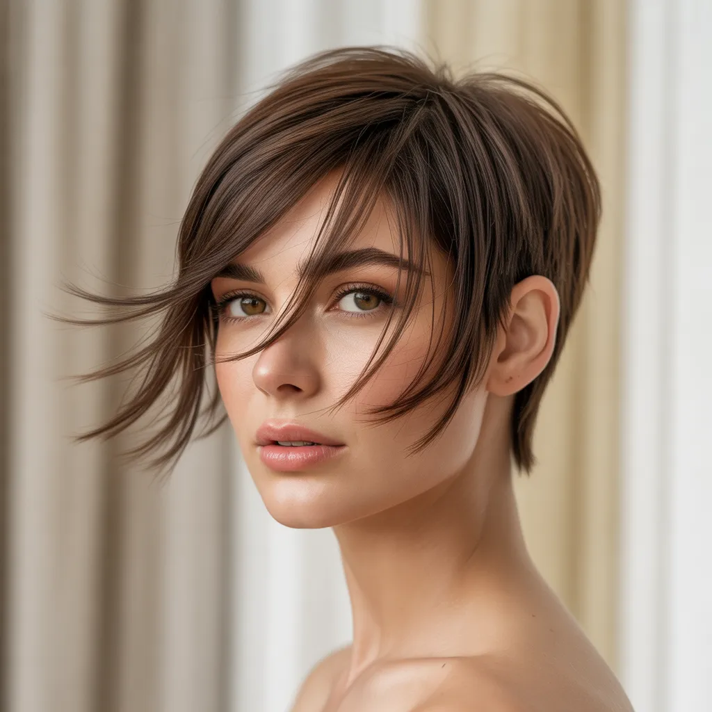 Mujer con pixie cut moderno 2026, flequillo largo, estilo femenino Pinterest España 3