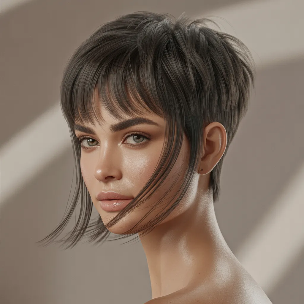 Mujer con pixie cut moderno 2026, flequillo largo, estilo femenino Pinterest España