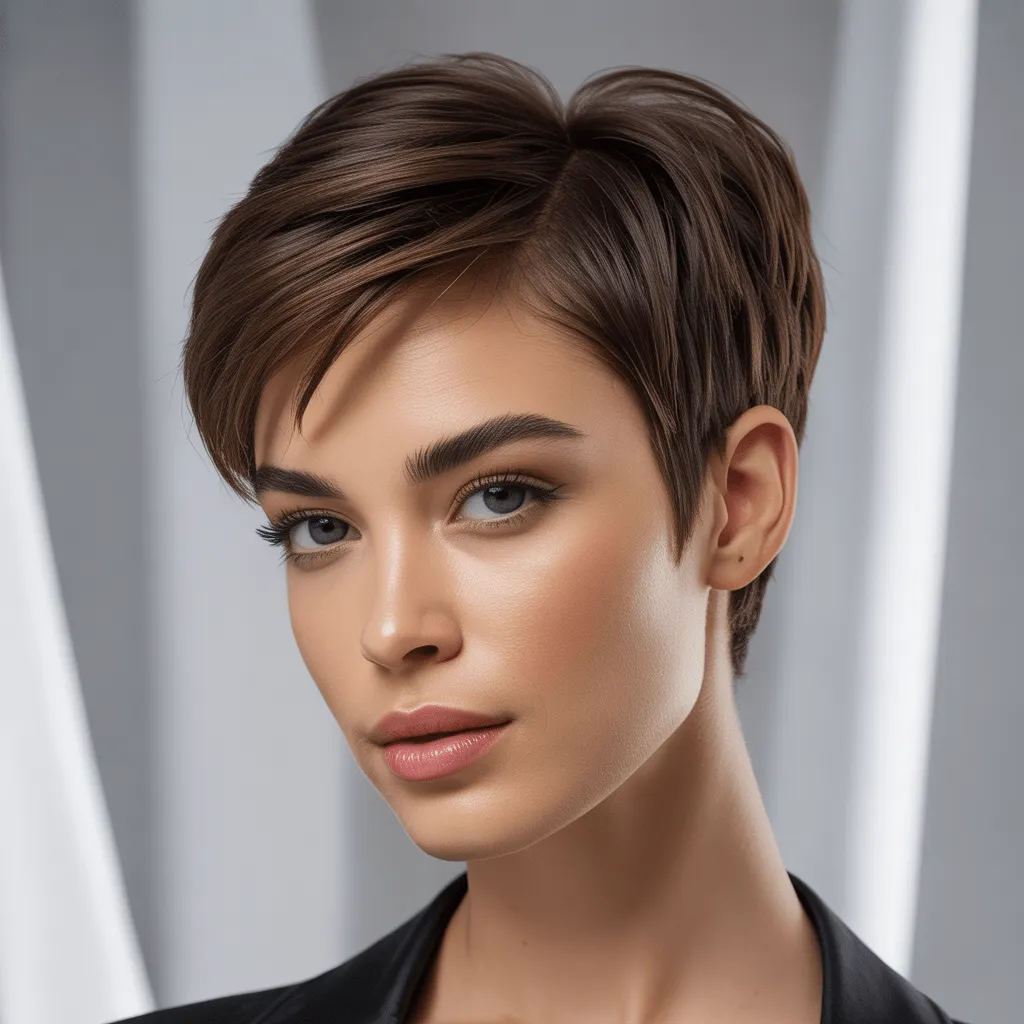 Corte pixie ultra-moderno y elegante para mujer, cabello liso con volumen sutil y facciones destacadas.