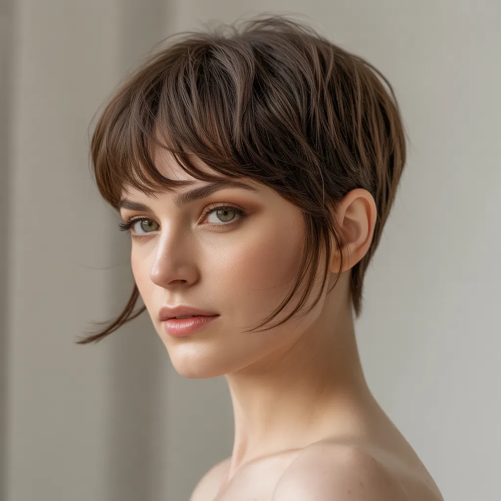 Mujer con pixie cut y flequillo largo 2026, estilo femenino Pinterest España