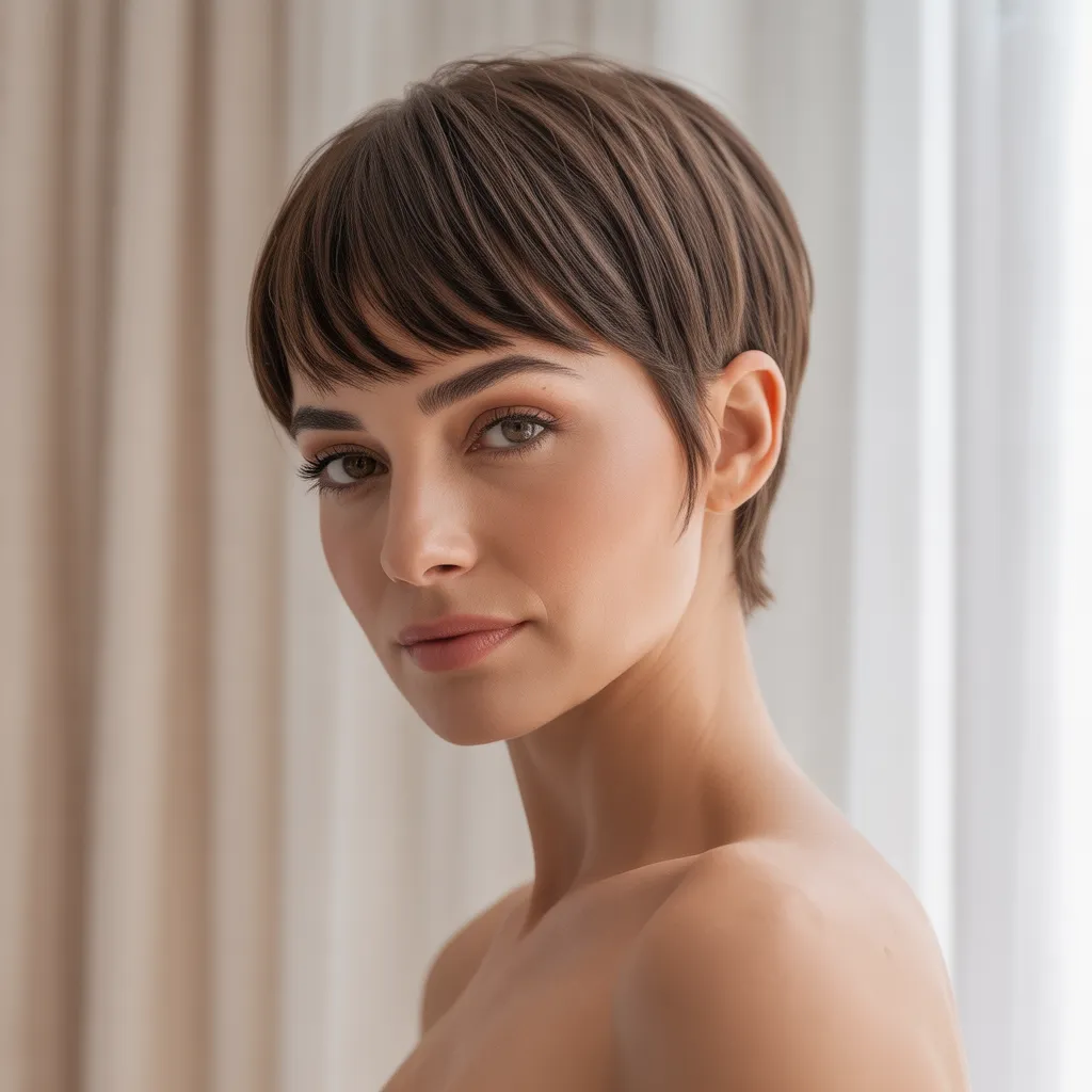 Mujer con pixie cut y flequillo largo 2026, estilo femenino Pinterest España 2