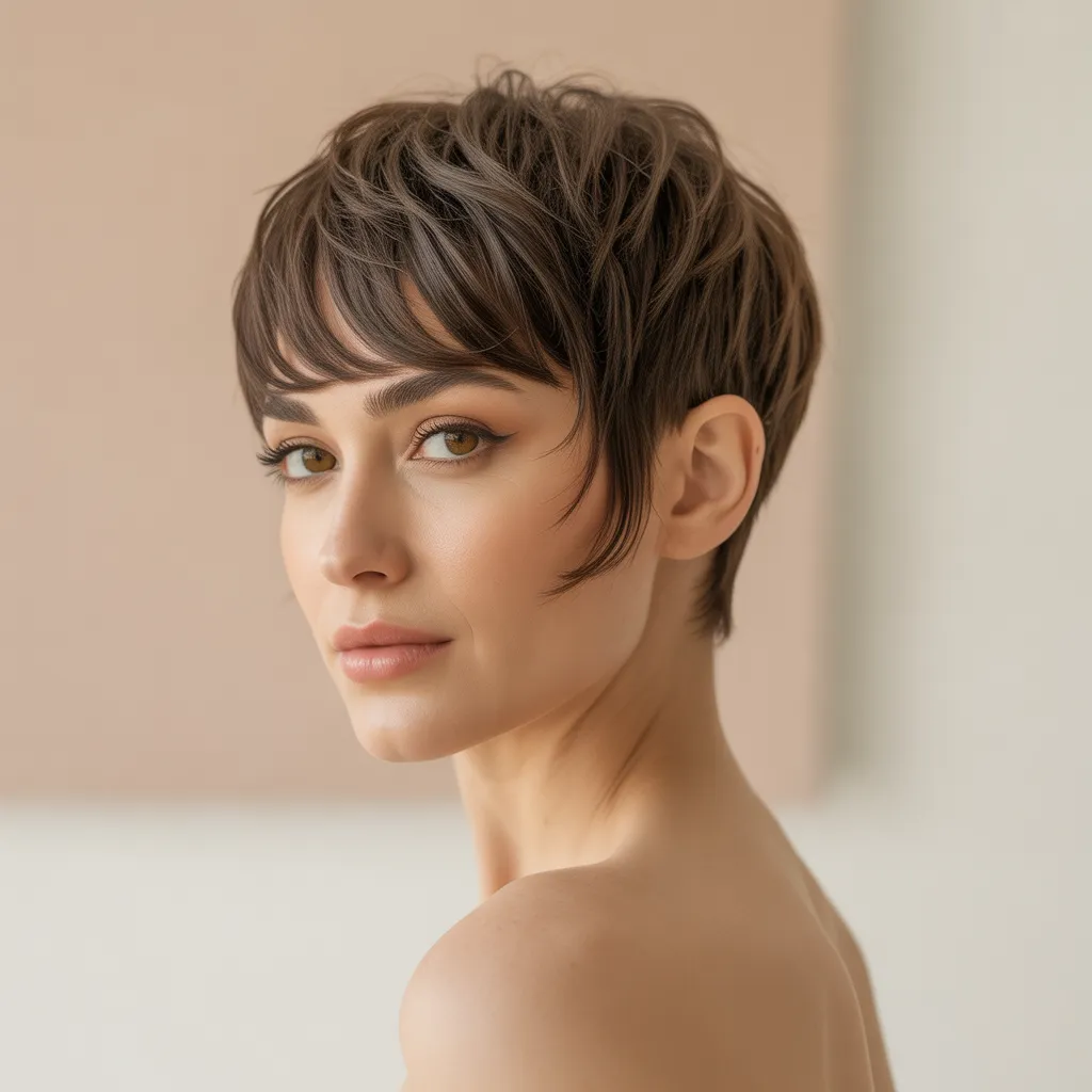 Mujer con pixie cut y flequillo largo 2026, estilo femenino Pinterest España, Cortes de cabello tendencia 2026
