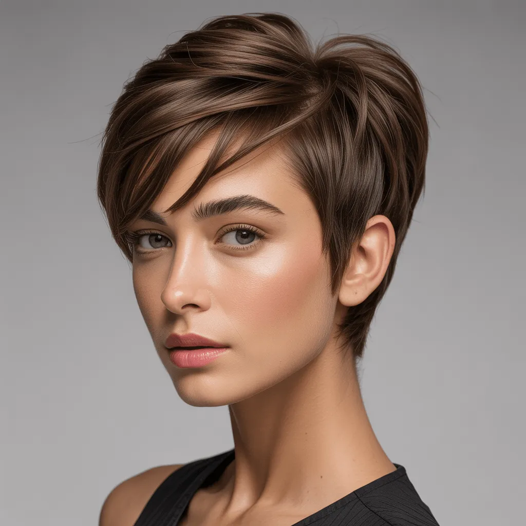 Mujer con corte pixie y flequillo ondulado, logrando un estilo relajado y elegante, resaltando su personalidad audaz y sofisticada. Pixie con Flequillo
