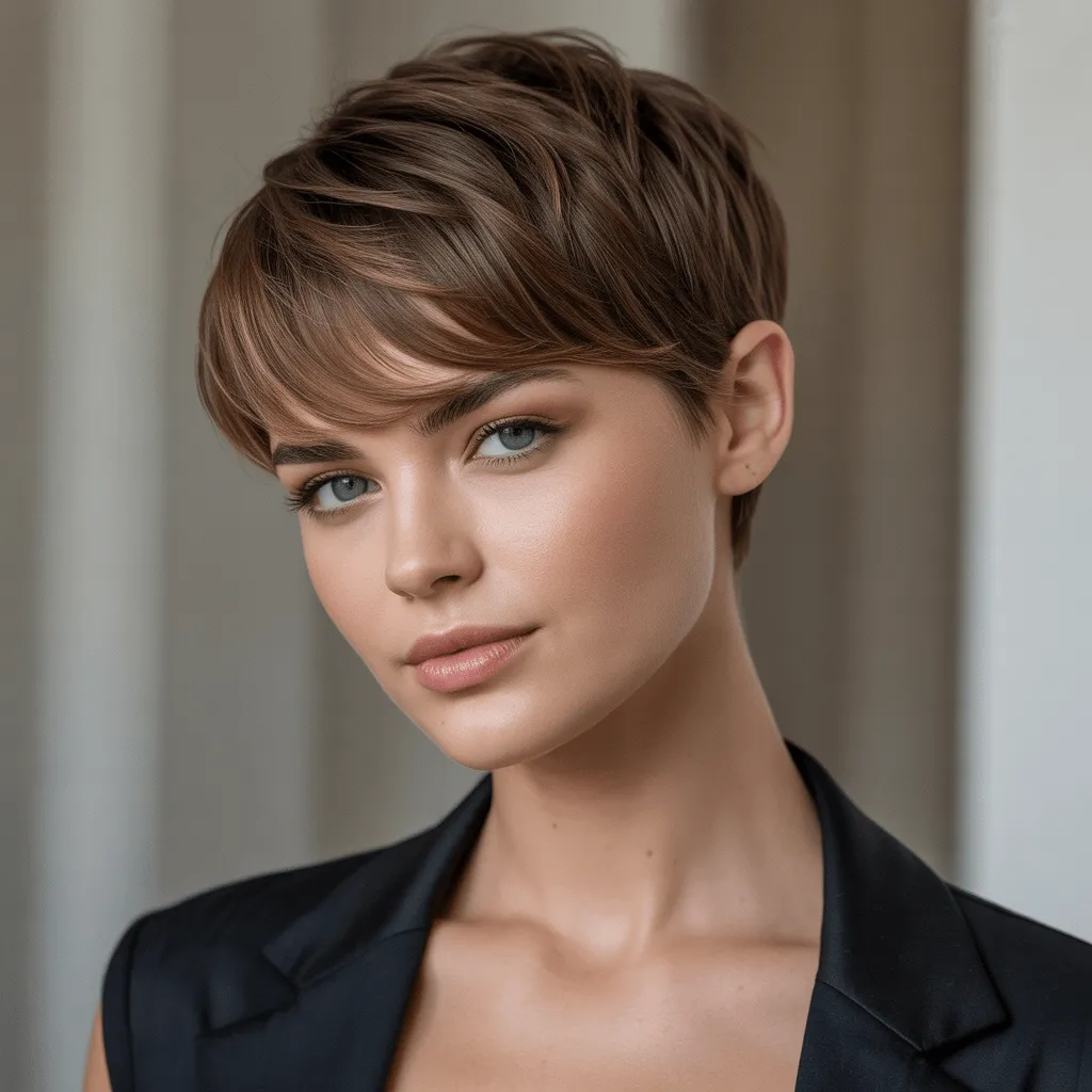 Mujer con un corte pixie moderno y elegante, con flequillos laterales que enmarcan su rostro de forma sofisticada. Pixie con Flequillo