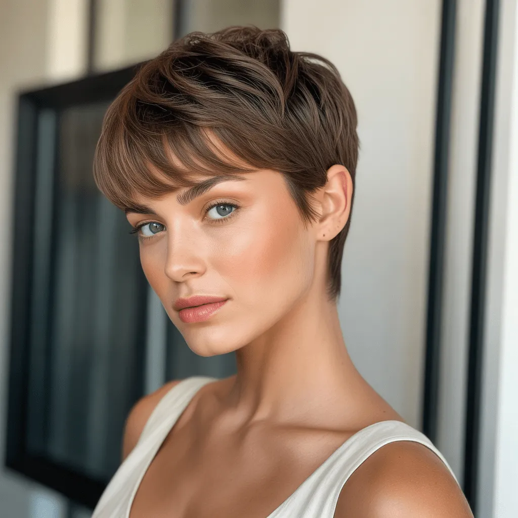 Pixie cut texturizado con flequillo side-swept, pose confiada y fondo neutro para destacar el corte moderno. Pixie con Flequillo