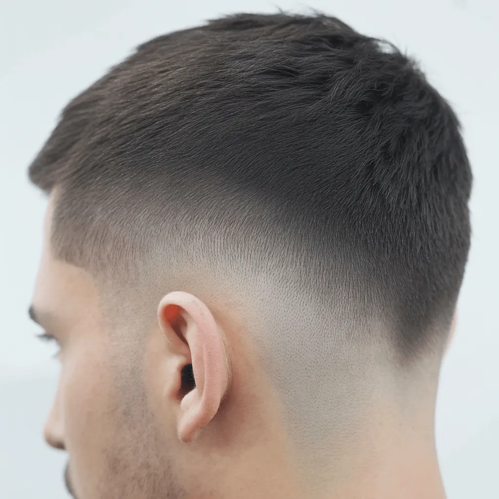 Estilo moderno de skin fade con parte superior corta, mostrando el desvanecimiento de los lados, ideal para oficiales de policía de la India que buscan un look moderno y disciplinado.