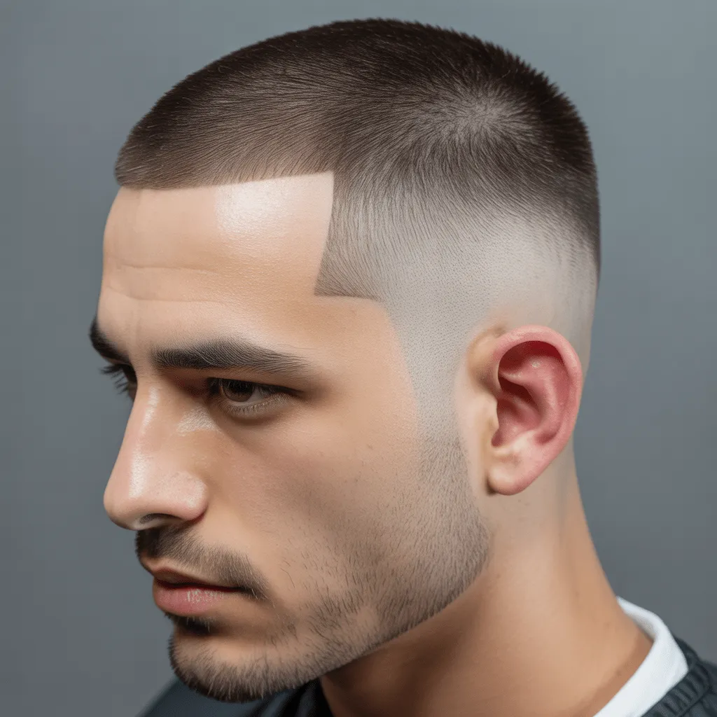 Skin fade moderno con parte superior corta, mostrando un estilo limpio y ordenado, popular entre los oficiales de policía de la India.