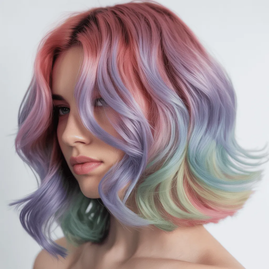 Transformación de color de cabello con ombre pastel y tonos vibrantes en una mujer. Cortes de cabello modernos 2