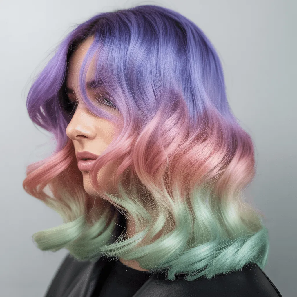 Transformación de color de cabello con ombre pastel y tonos vibrantes en una mujer. Cortes de cabello modernos 3