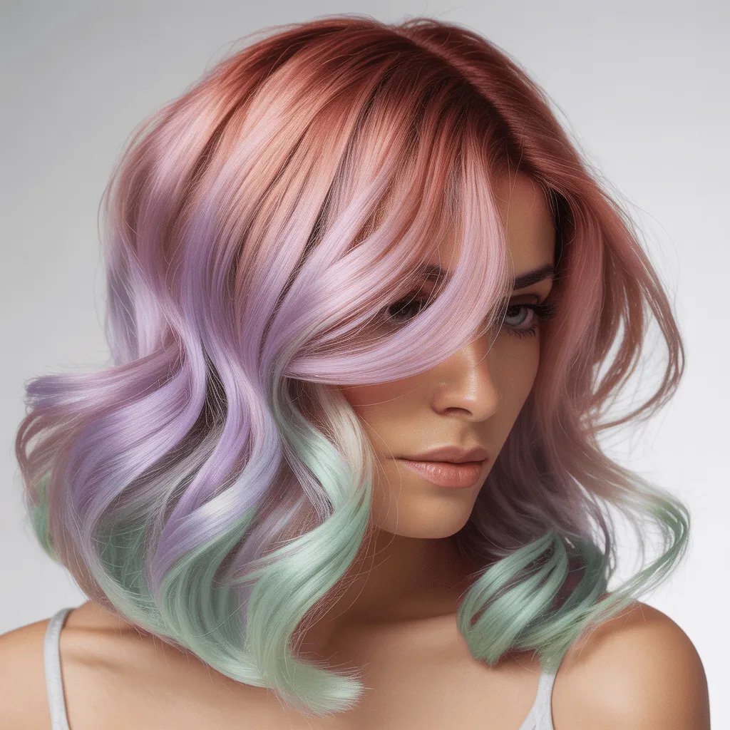 Transformación de color de cabello con ombre pastel y tonos vibrantes en una mujer. Cortes de cabello modernos 4