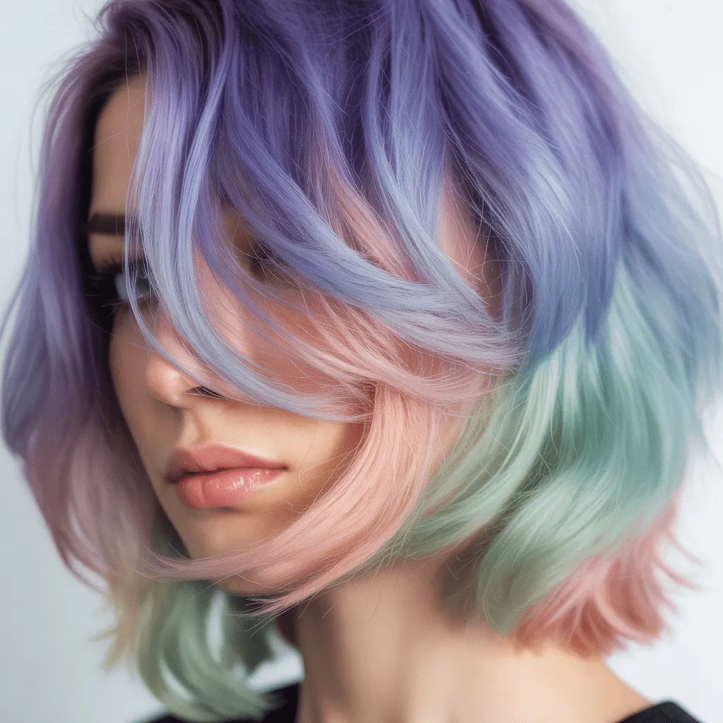 Transformación de color de cabello con ombre pastel y tonos vibrantes en una mujer. Cortes de cabello modernos