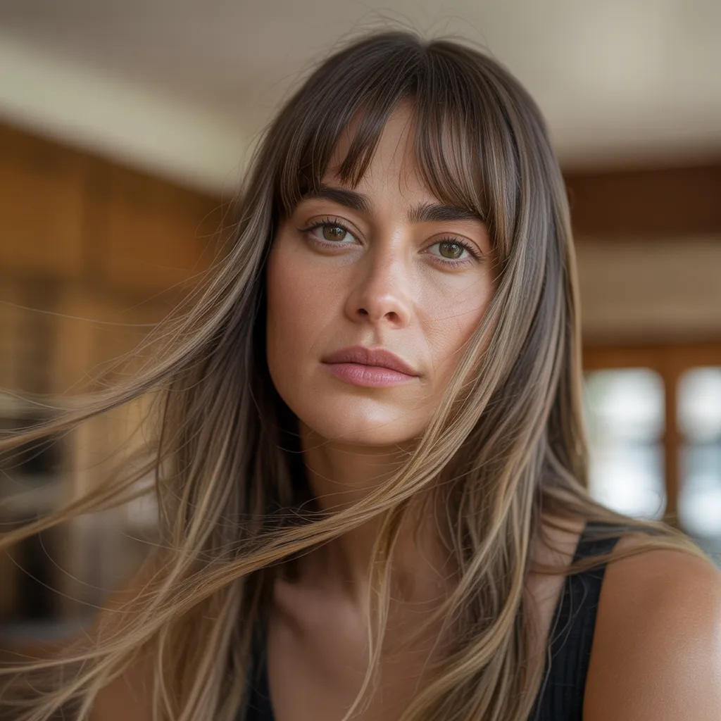 Flequillo cortina largo con capas suaves y movimiento natural en mujer española tendencia 2026