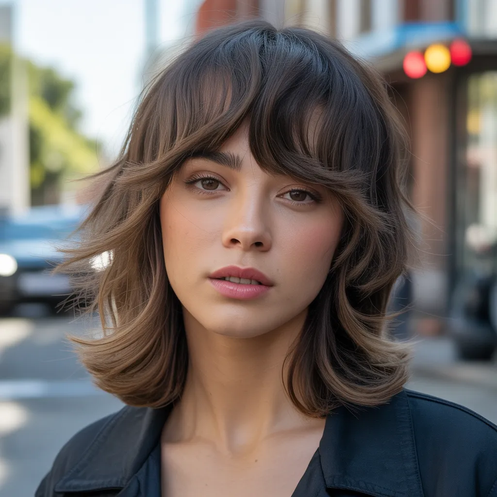 Flequillo cortina con capas y corte wolf cut con volumen natural