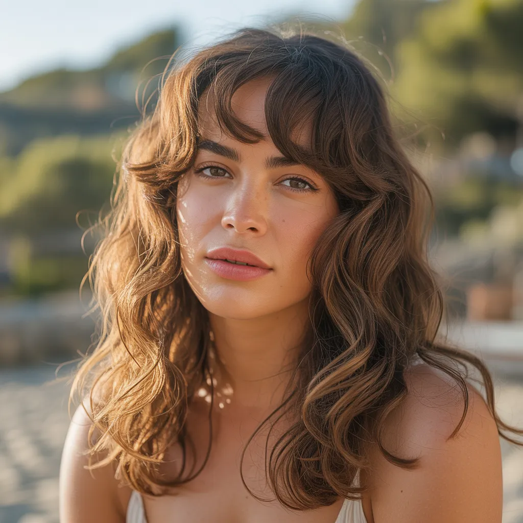 Flequillo cortina en cabello ondulado con ondas naturales y estilo mediterráneo