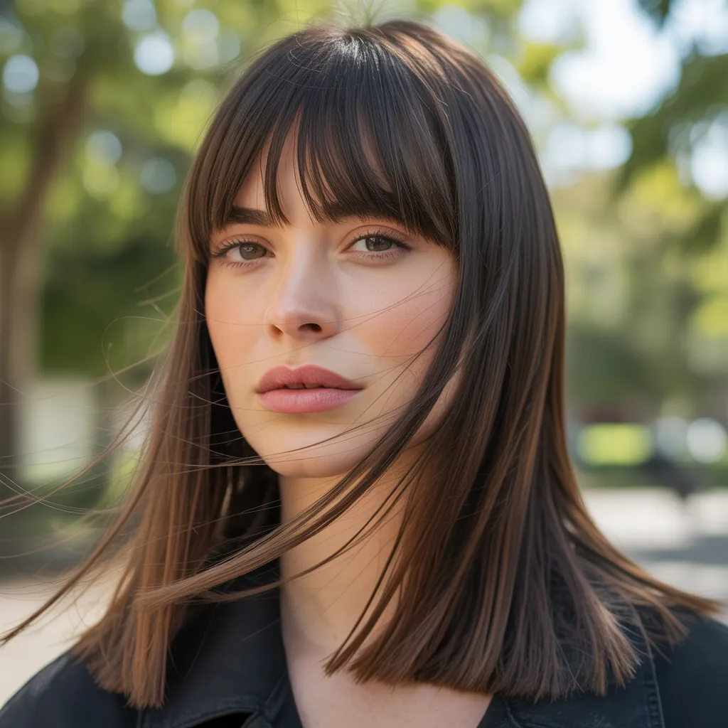 Flequillo cortina en cabello liso con movimiento suave y acabado natural