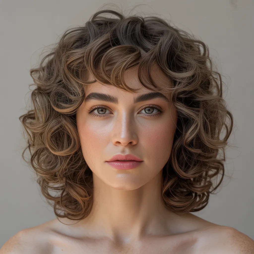 Flequillo cortina en cabello rizado con volumen equilibrado y capas suaves