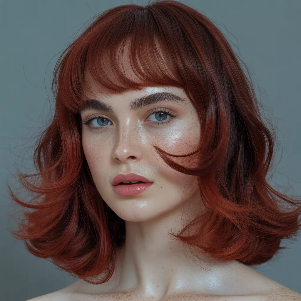 Flequillo cortina con color cherry red cobrizo y acabado brillante