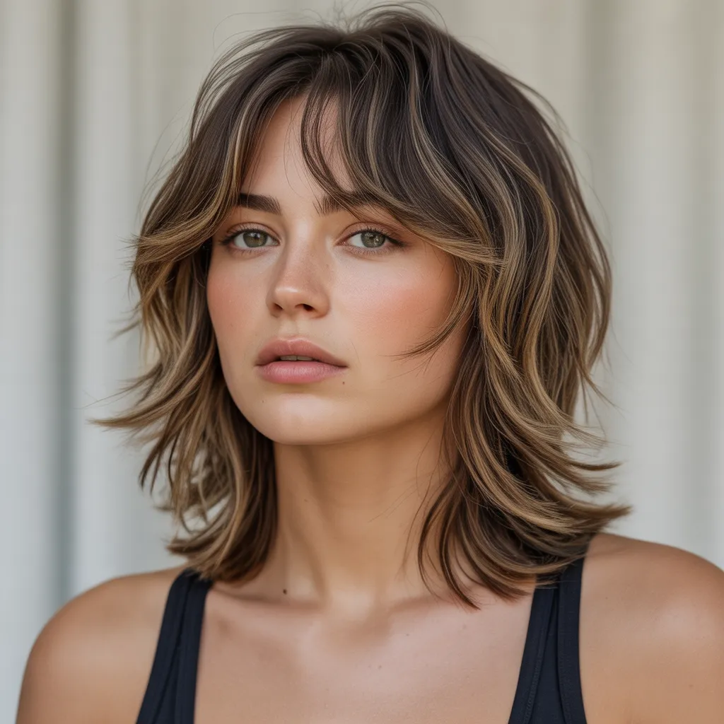 Wolf cut mujer cabello medio con capas marcadas y efecto despeinado natural.