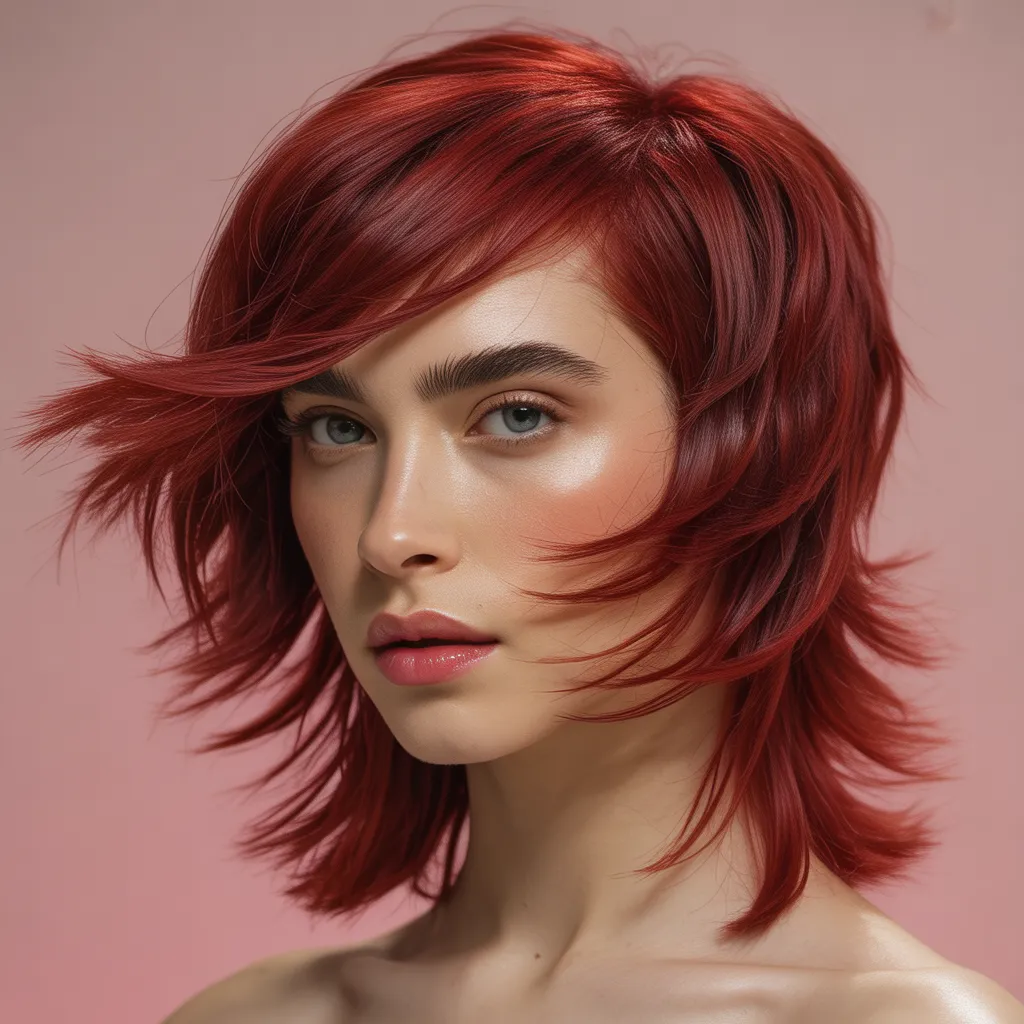 Corte wolf cut mujer color cherry red con volumen y capas marcadas.